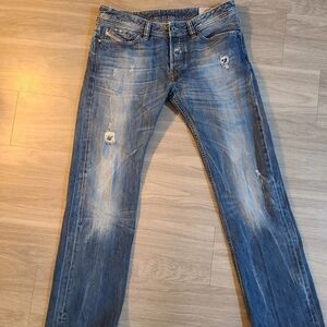 Diesel Men's Viker 33x32 Distressed Blue Jeans Button Fly